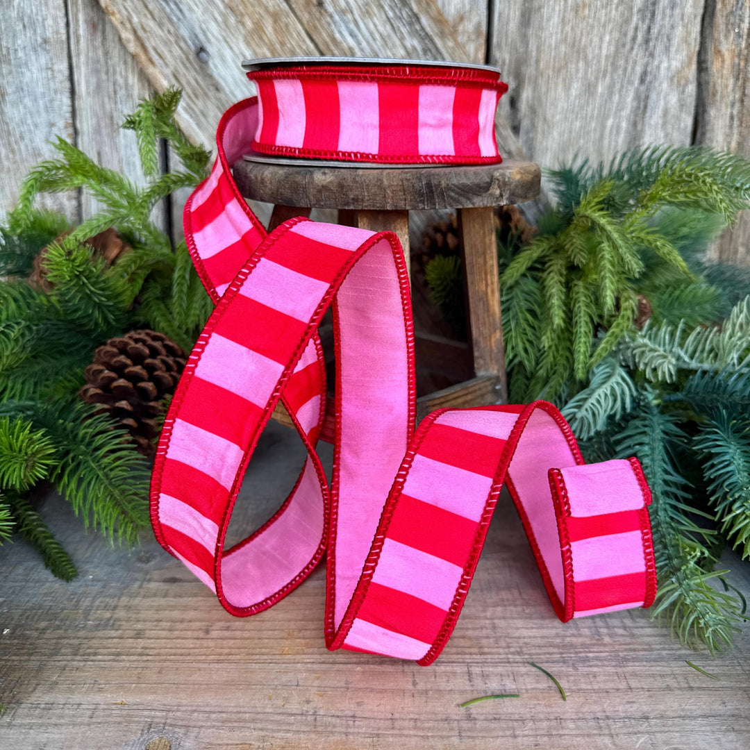 1.5" Red &amp; Pink Stripe Ribbon, Christmas Ribbon