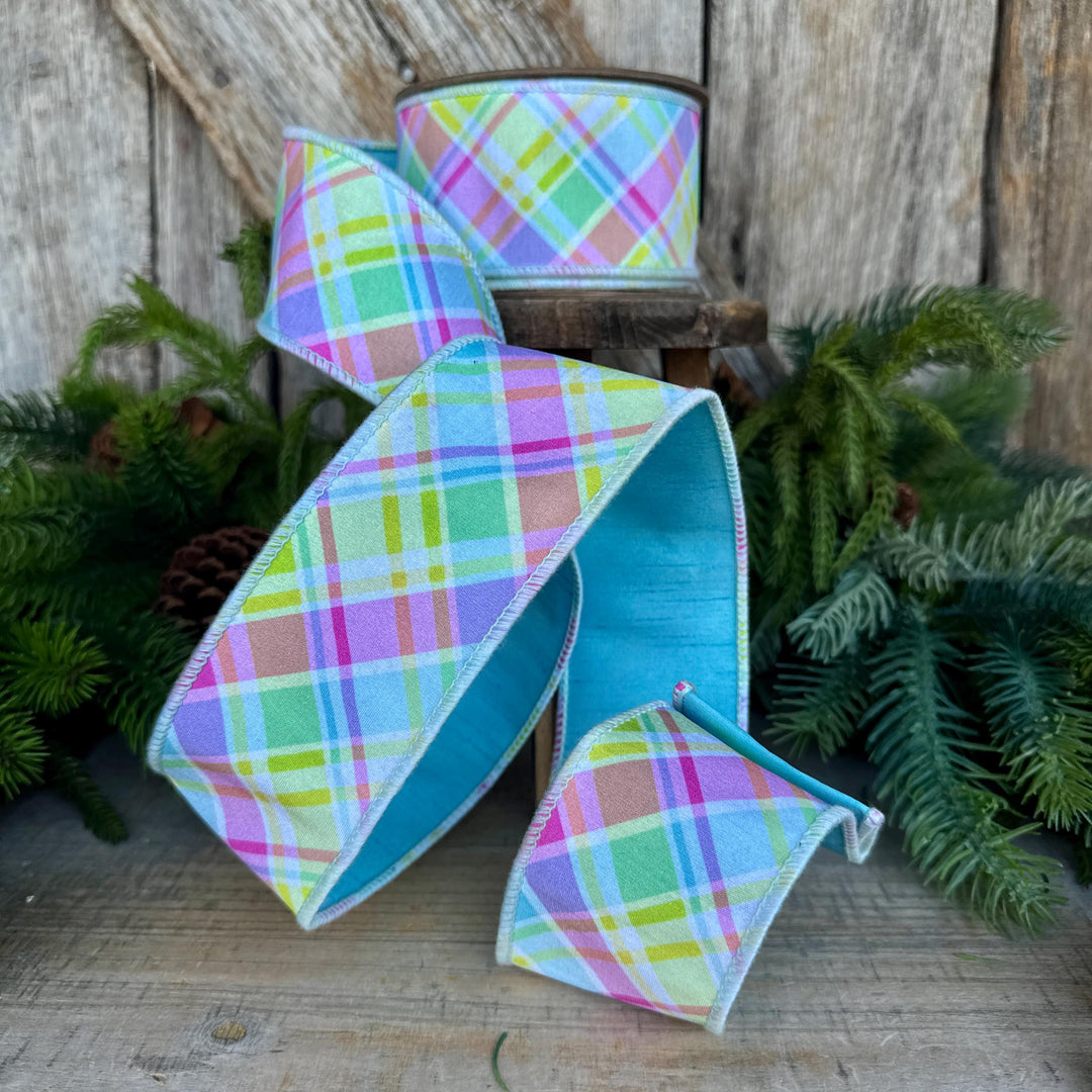 2.5" Blue Pastel Plaid Wired RIbbon, Spring Ribbon