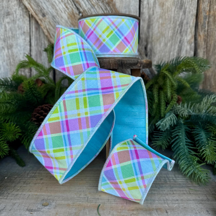 2.5" Blue Pastel Plaid Wired RIbbon, Spring Ribbon