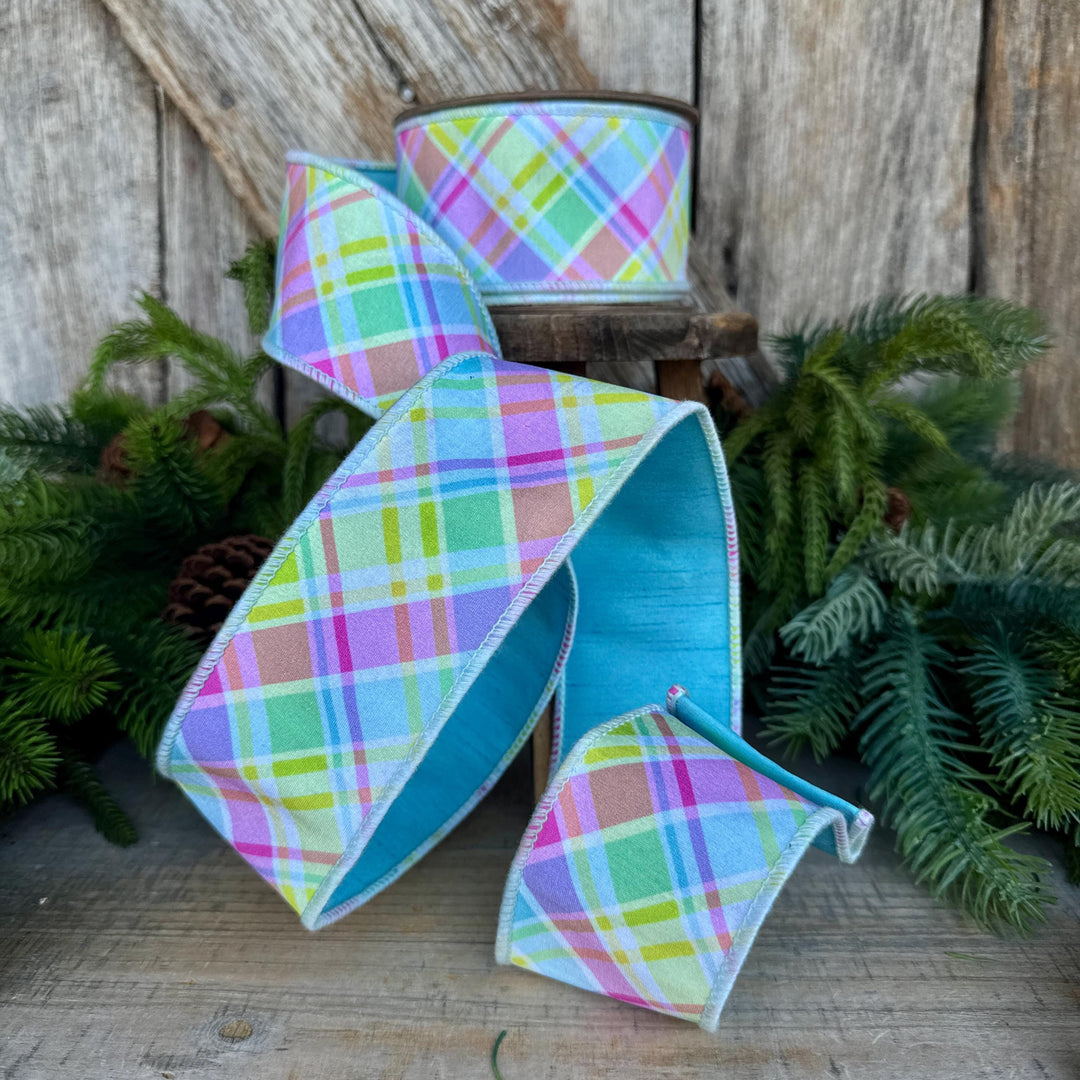 2.5" Blue Pastel Plaid Wired RIbbon, Spring Ribbon, Summer RIbbon