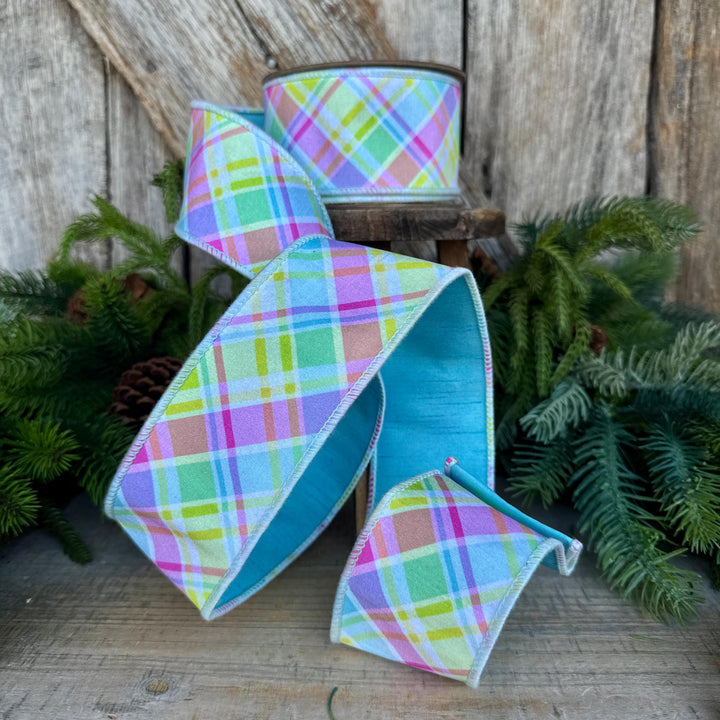 2.5" Blue Pastel Plaid Wired RIbbon, Spring Ribbon, Summer RIbbon