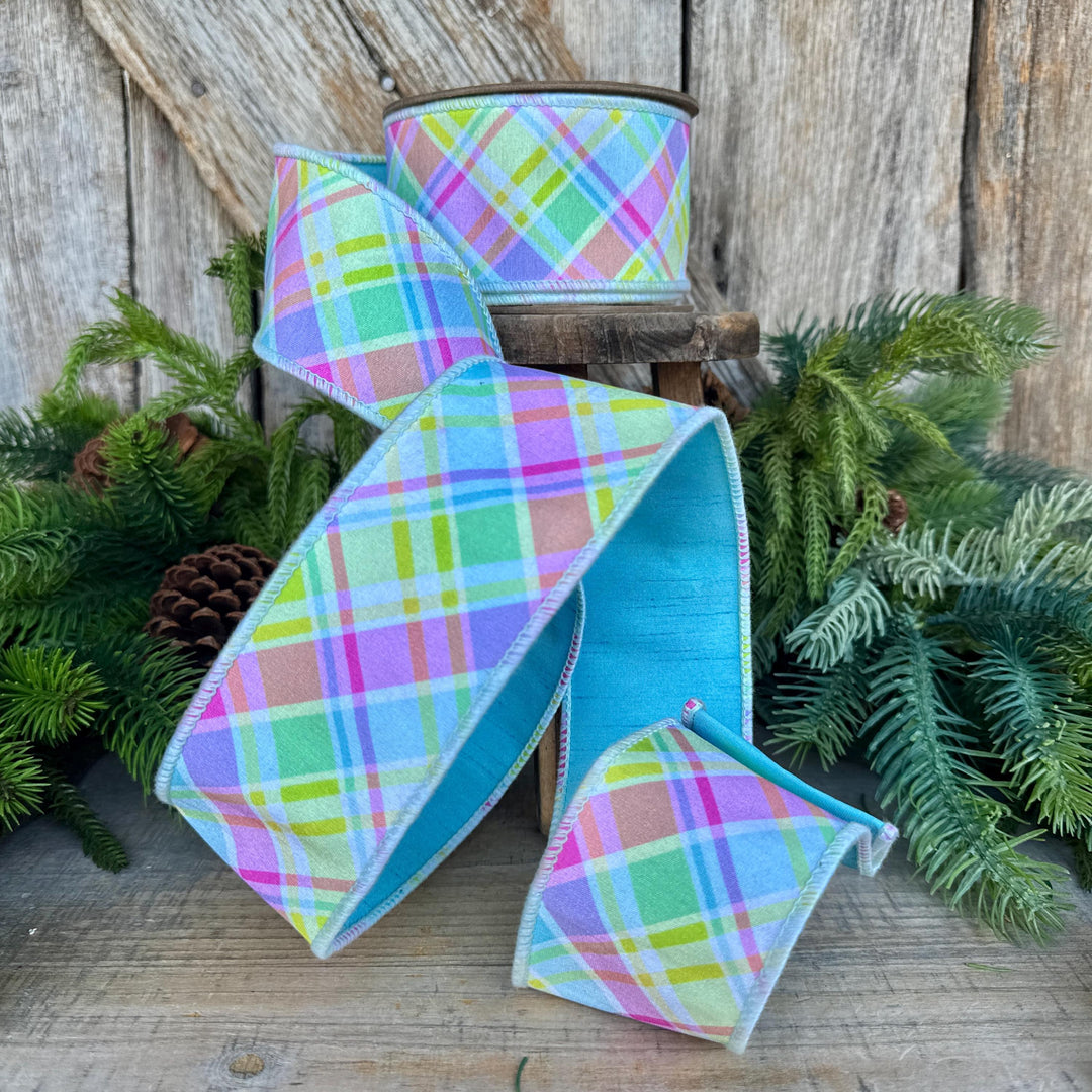 2.5" Blue Pastel Plaid Wired RIbbon, Spring Ribbon, Summer RIbbon
