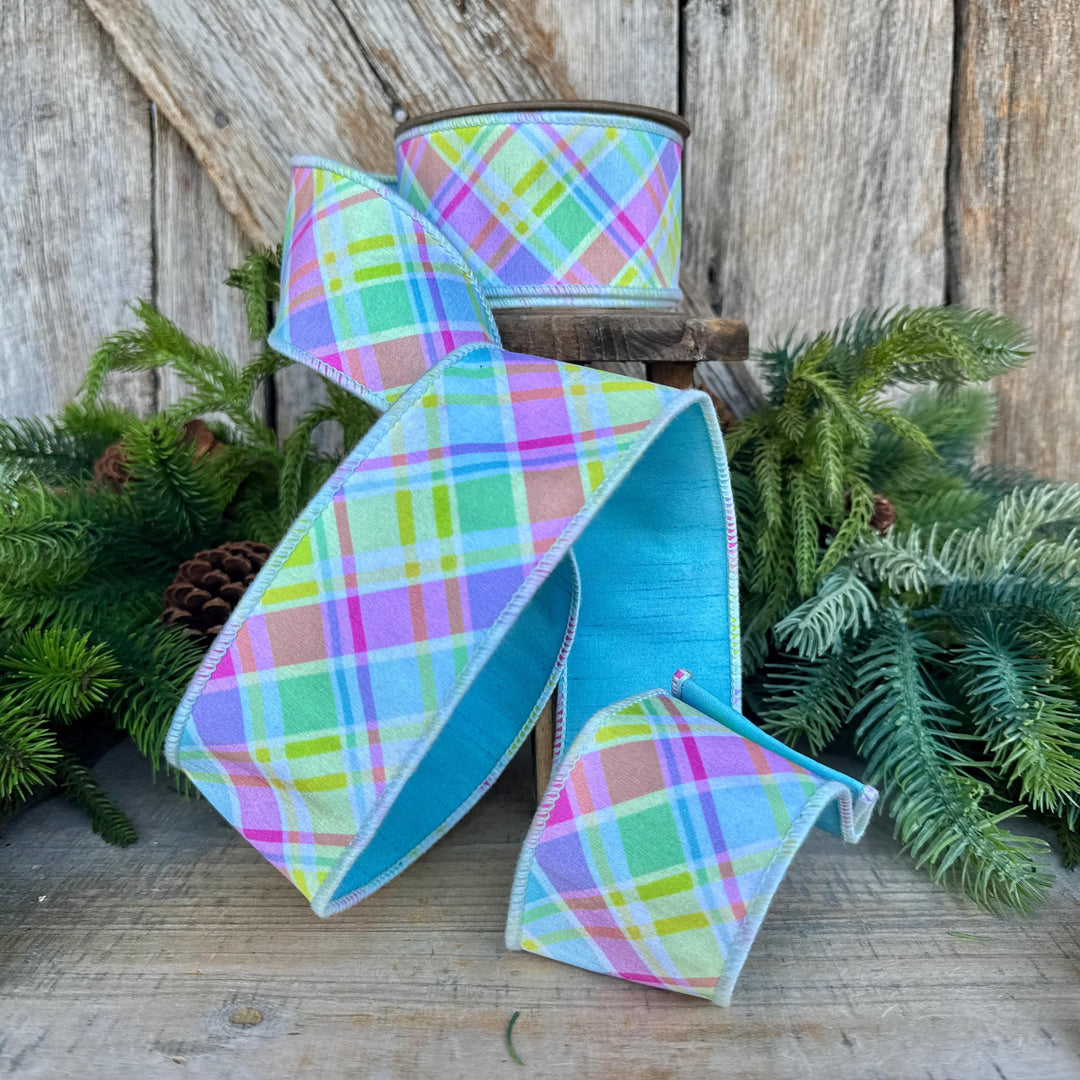 2.5" Blue Pastel Plaid Wired RIbbon, Spring Ribbon, Summer RIbbon