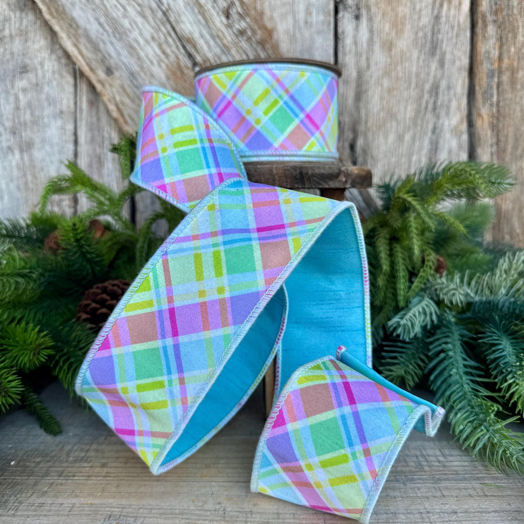 2.5" Blue Pastel Plaid Wired RIbbon, Spring Ribbon, Summer RIbbon