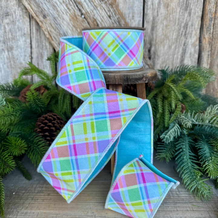 2.5" Blue Pastel Plaid Wired RIbbon, Spring Ribbon, Summer RIbbon