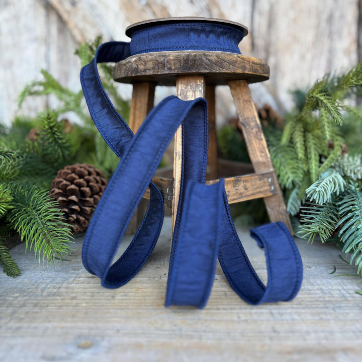 7/8" Navy Blue Dupioni Ribbon, Fall Ribbon, Christmas Ribbon, Wired