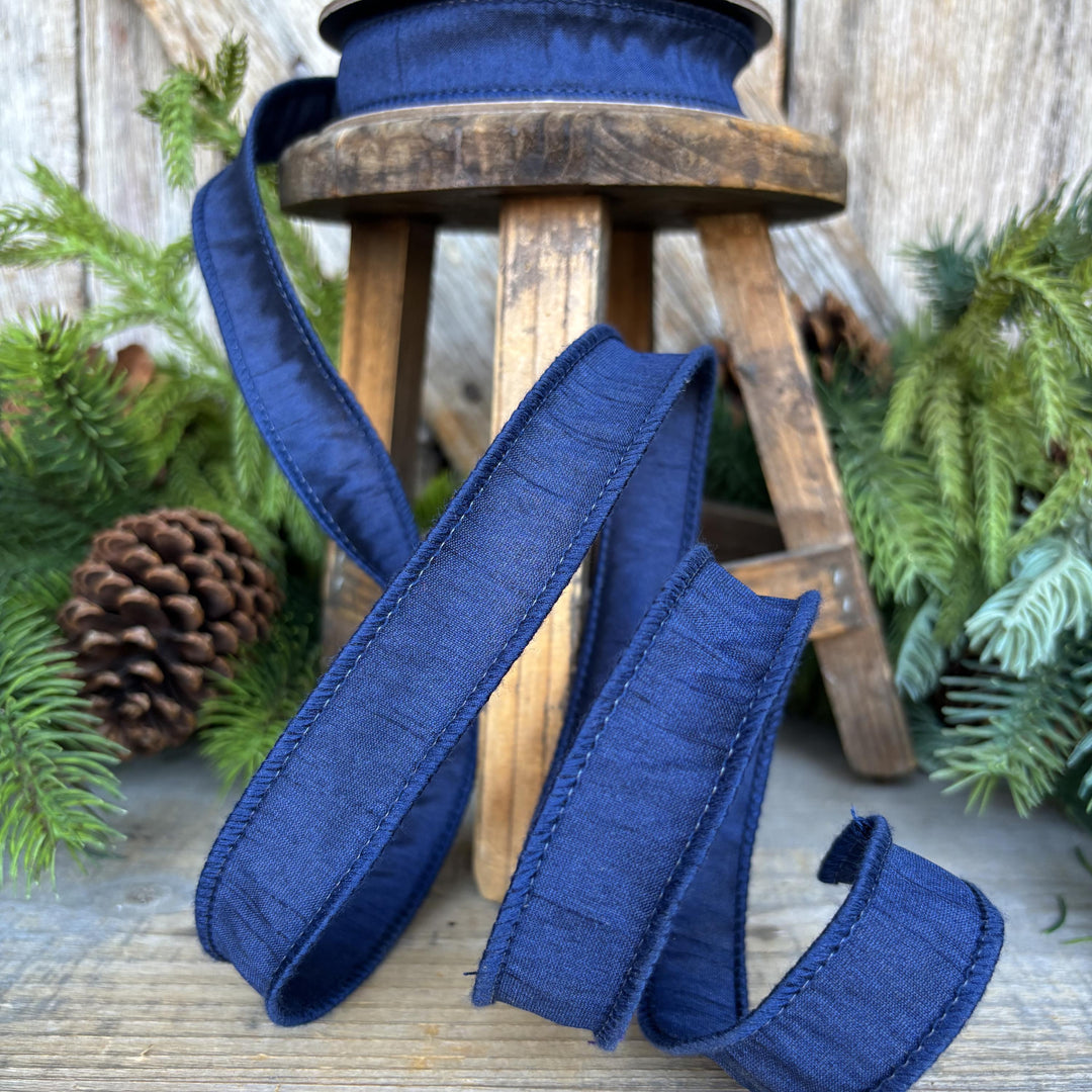 7/8" Navy Blue Dupioni Ribbon, Fall Ribbon, Christmas Ribbon, Wired