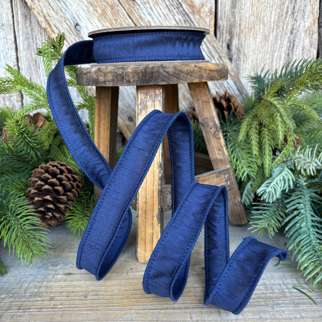 7/8" Navy Blue Dupioni Ribbon, Fall Ribbon, Christmas Ribbon, Wired