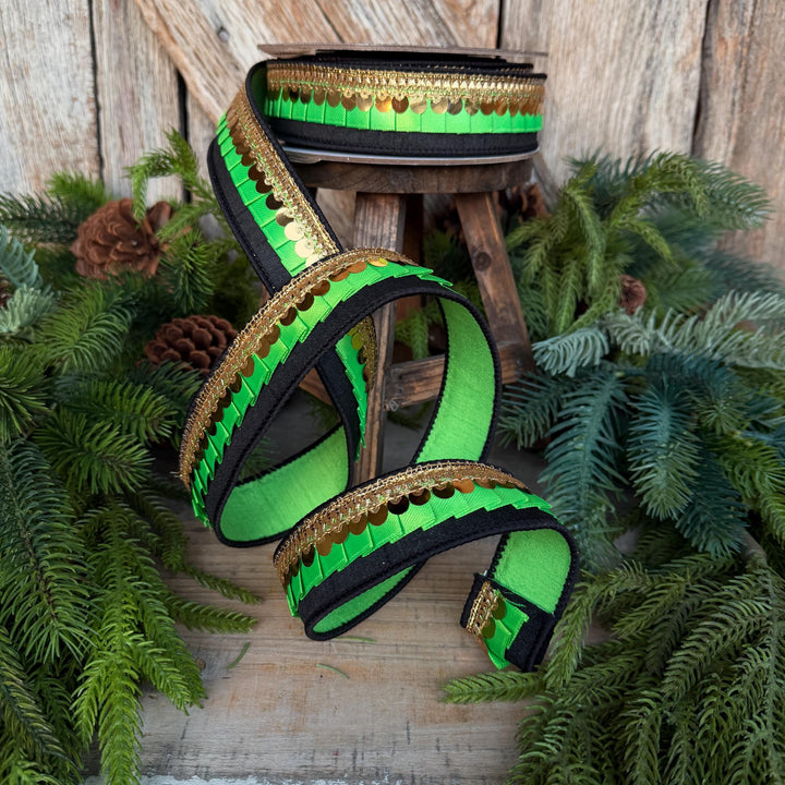 1.5" Halloween Ribbon, Tricks or Pleats, Farrisilk Ribbon, Wired Ribbon, Black Green Gold Ribbon, Designer Ribbon, Wreath Supply, RK730-61