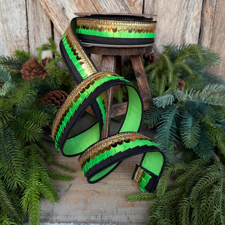 1.5" Halloween Ribbon, Tricks or Pleats, Farrisilk Ribbon, Wired Ribbon, Black Green Gold Ribbon, Designer Ribbon, Wreath Supply, RK730-61