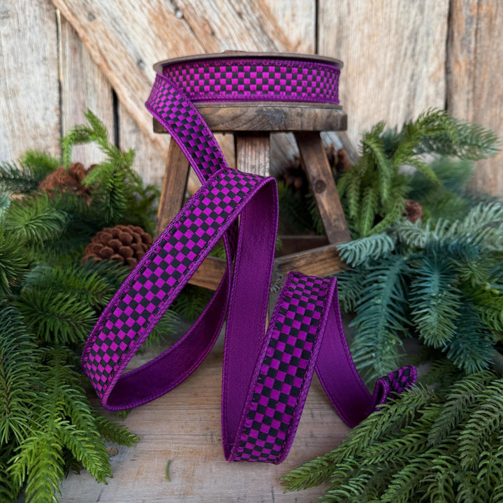 1" Purple Black Halloween Ribbon, Farrisilk Ribbon, Kitschy Checks