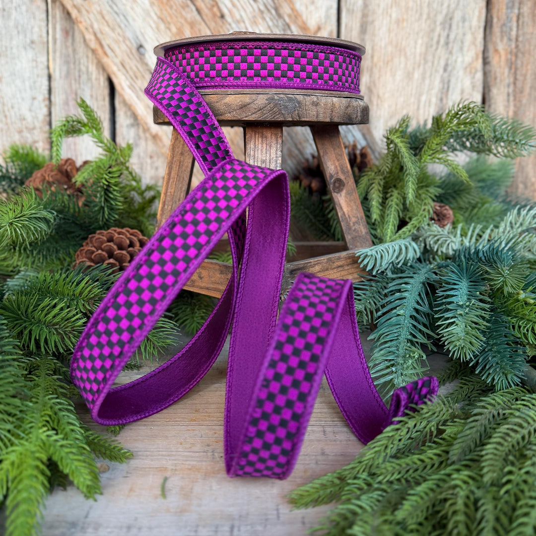 1" Purple Black Halloween Ribbon, Farrisilk Ribbon, Kitschy Checks