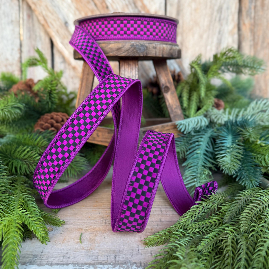 1" Purple Black Halloween Ribbon, Farrisilk Ribbon, Kitschy Checks, RK848-86