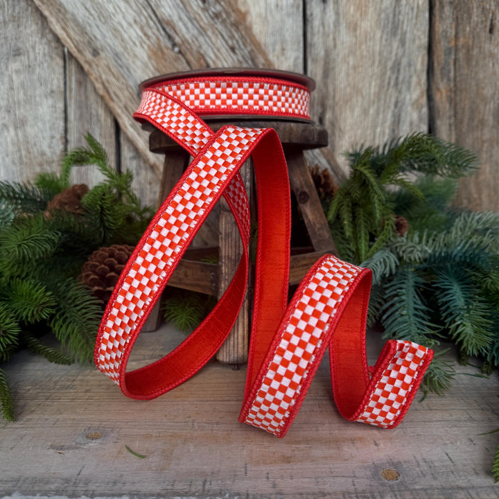 1" Orange White Check Ribbon, Halloween Ribbon