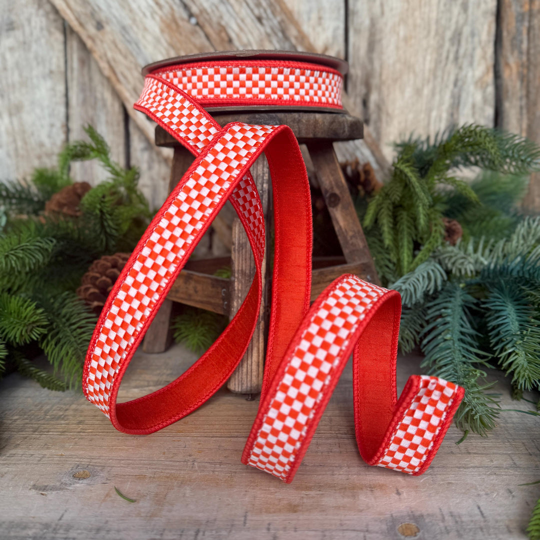 1" Orange White Check Ribbon, Halloween Ribbon