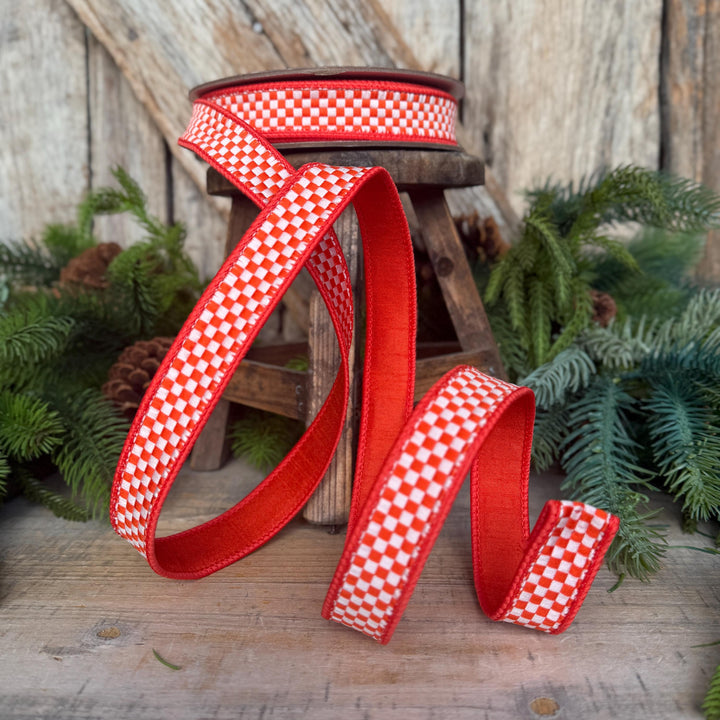 1" Orange White Check Ribbon, Halloween Ribbon