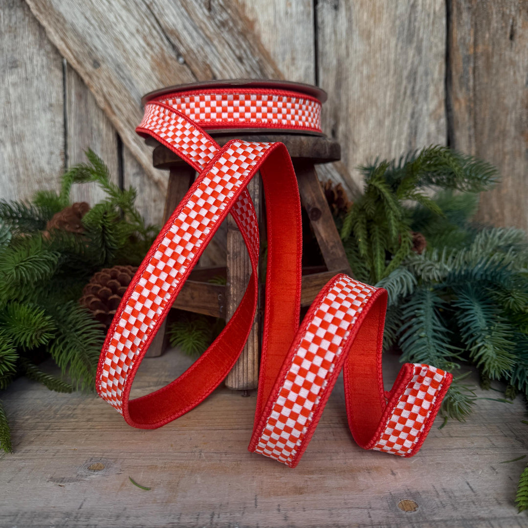 1" Orange White Check Ribbon, Halloween Ribbon, Fall Ribbon, Farrisilk Kitschy Checks, RK848-52