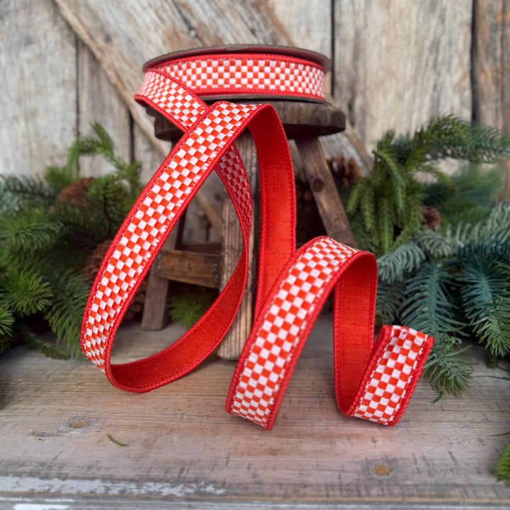 1" Orange White Check Ribbon, Halloween Ribbon