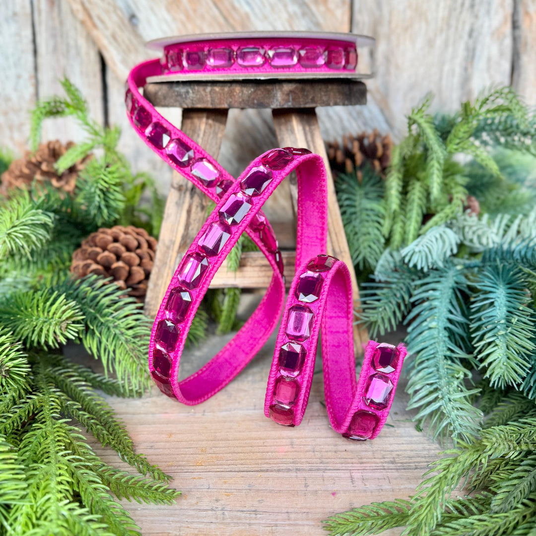 1" Hot Pink Emerald Cut Ribbon, Christmas Ribbon, Jeweled Ribbon, Farrisilk Ribbon, RJ017-15