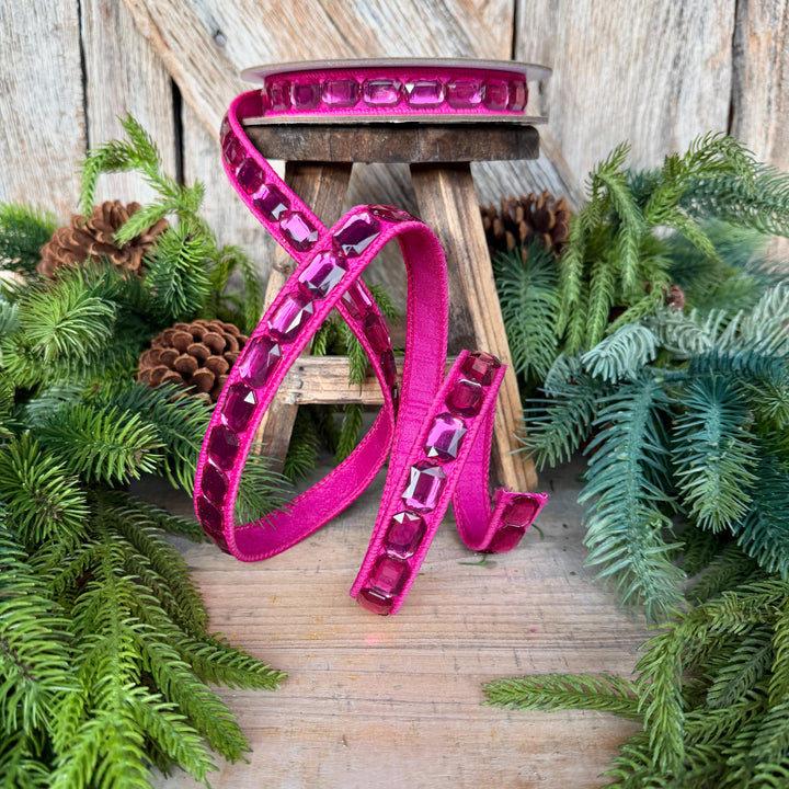 1" Hot Pink Emerald Cut Ribbon, Christmas Ribbon, Jeweled Ribbon, Farrisilk Ribbon, RJ017-15