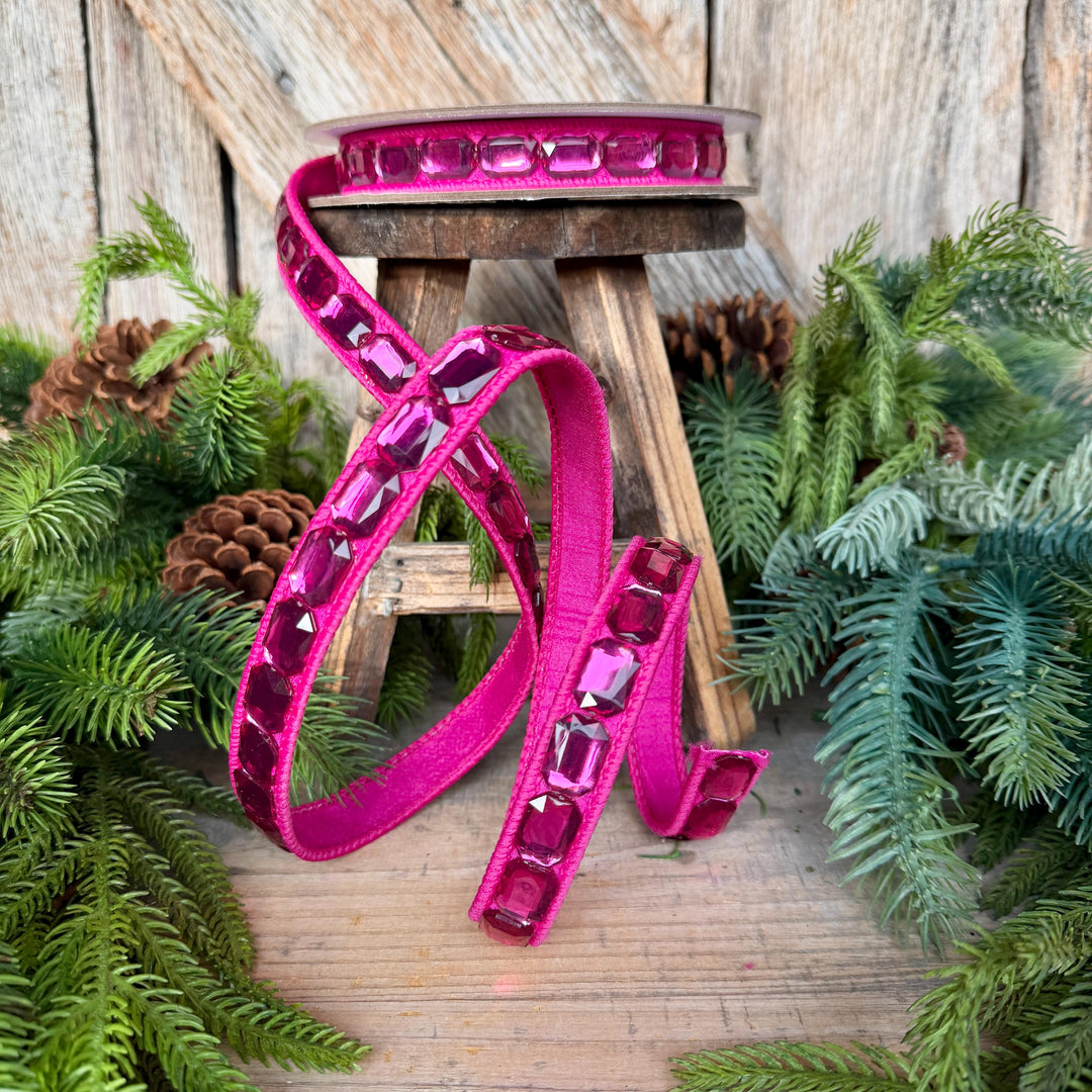 1" Hot Pink Emerald Cut Ribbon, Christmas Ribbon, Jeweled Ribbon, Farrisilk Ribbon, RJ017-15