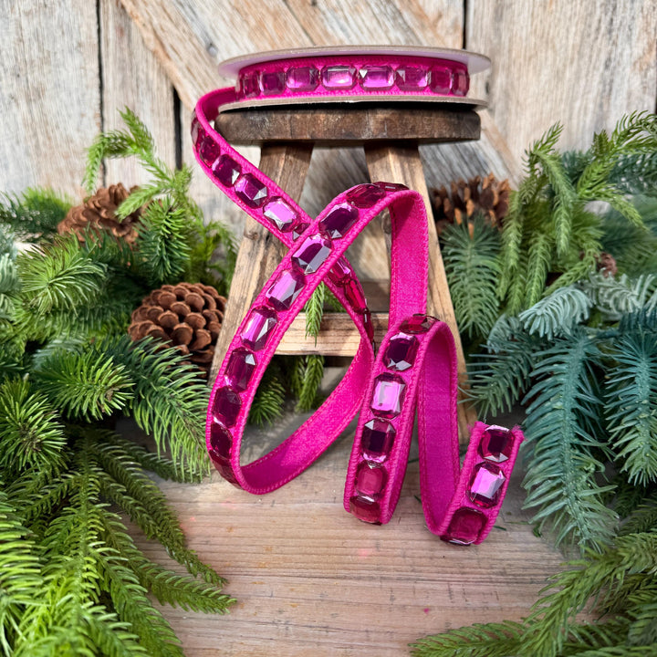 1" Hot Pink Emerald Cut Ribbon, Christmas Ribbon, Jeweled Ribbon, Farrisilk Ribbon, RJ017-15