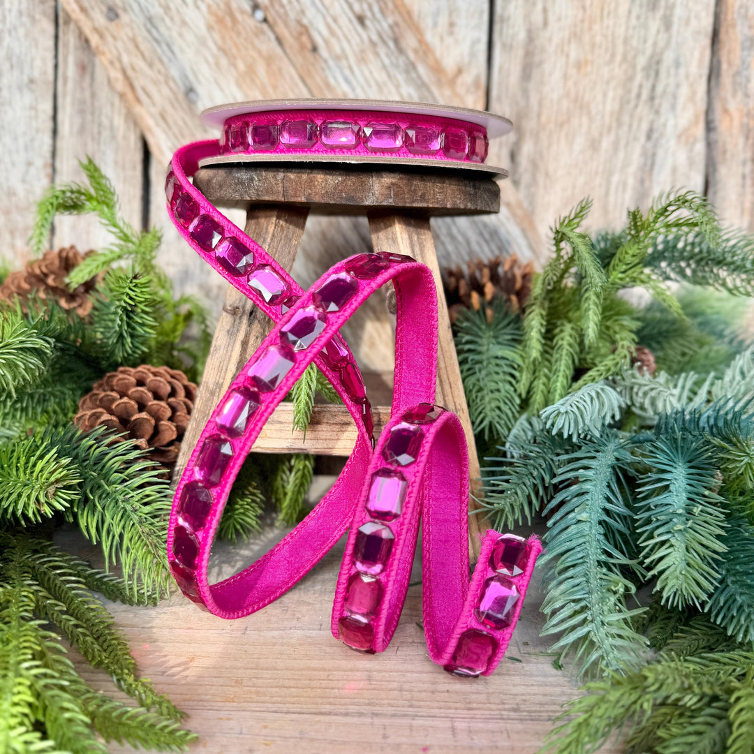 1" Hot Pink Emerald Cut Ribbon, Christmas Ribbon, Jeweled Ribbon, Farrisilk Ribbon, RJ017-15