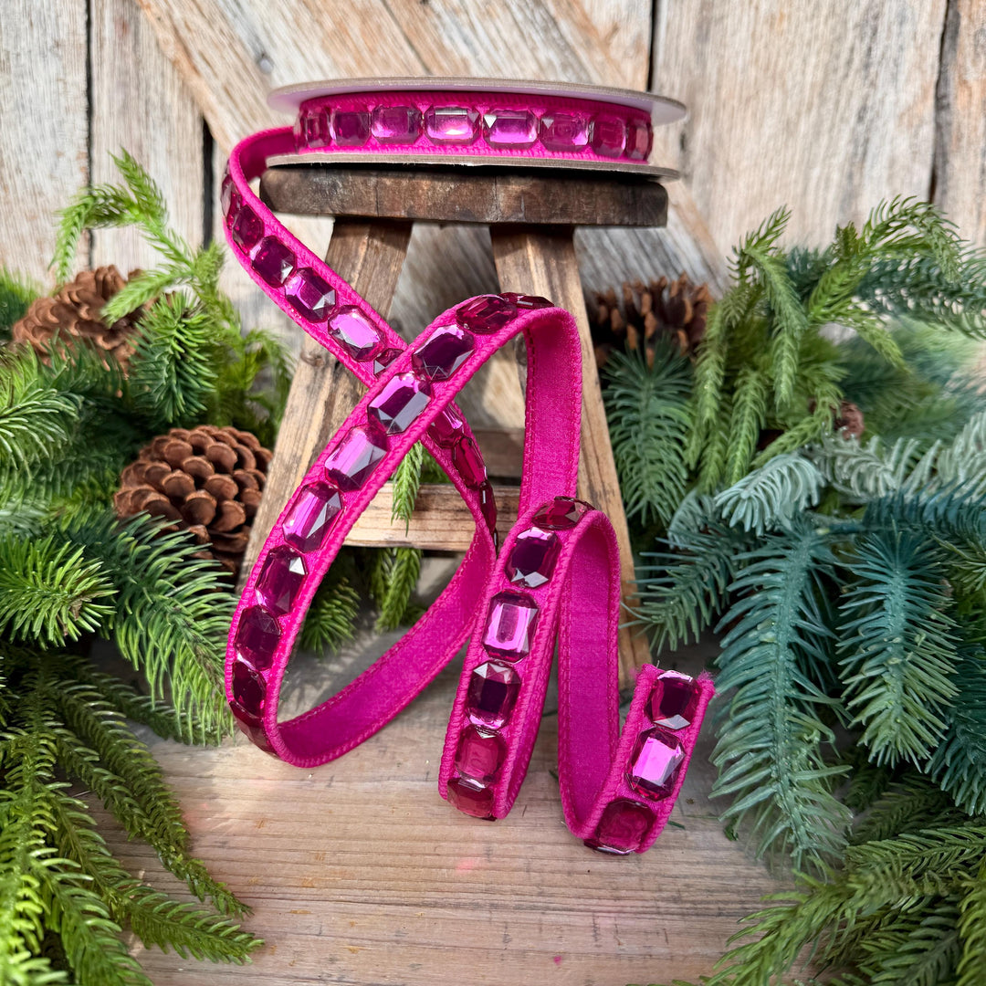 1" Hot Pink Emerald Cut Ribbon, Christmas Ribbon, Jeweled Ribbon, Farrisilk Ribbon, RJ017-15