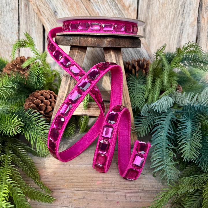 1" Hot Pink Emerald Cut Ribbon, Christmas Ribbon, Jeweled Ribbon, Farrisilk Ribbon, RJ017-15