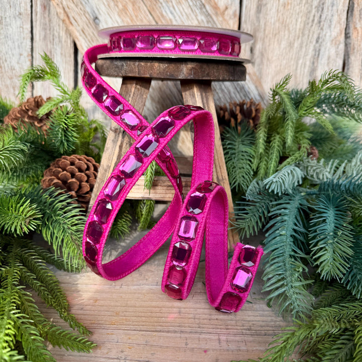 1" Hot Pink Emerald Cut Ribbon, Christmas Ribbon, Jeweled Ribbon, Farrisilk Ribbon, RJ017-15