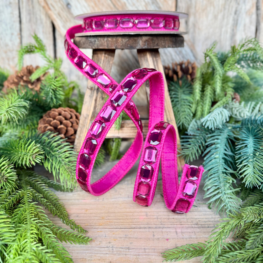 1" Hot Pink Emerald Cut Ribbon, Christmas Ribbon, Jeweled Ribbon