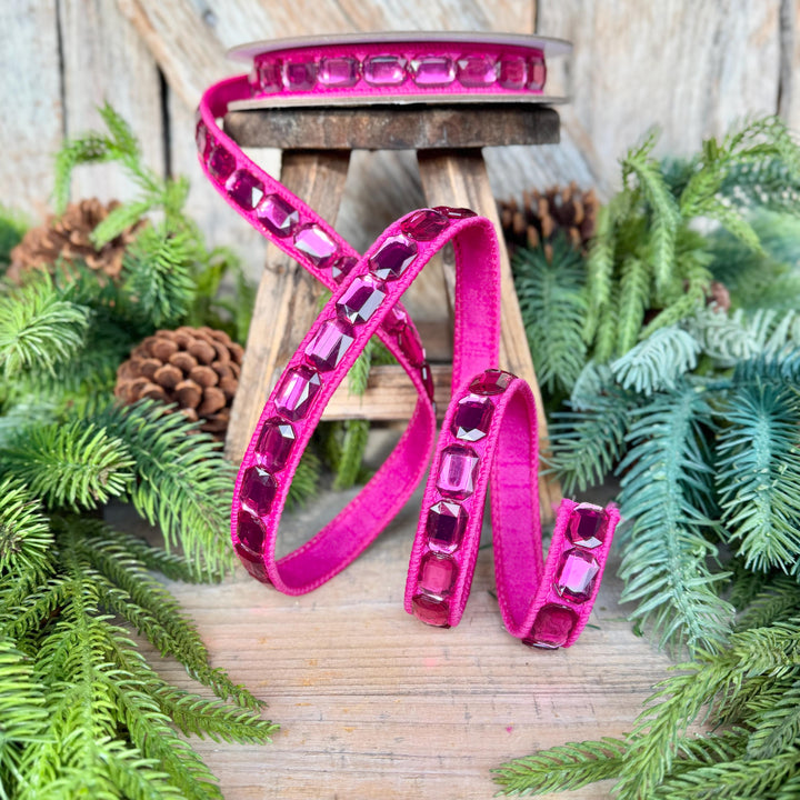 1" Hot Pink Emerald Cut Ribbon, Christmas Ribbon, Jeweled Ribbon