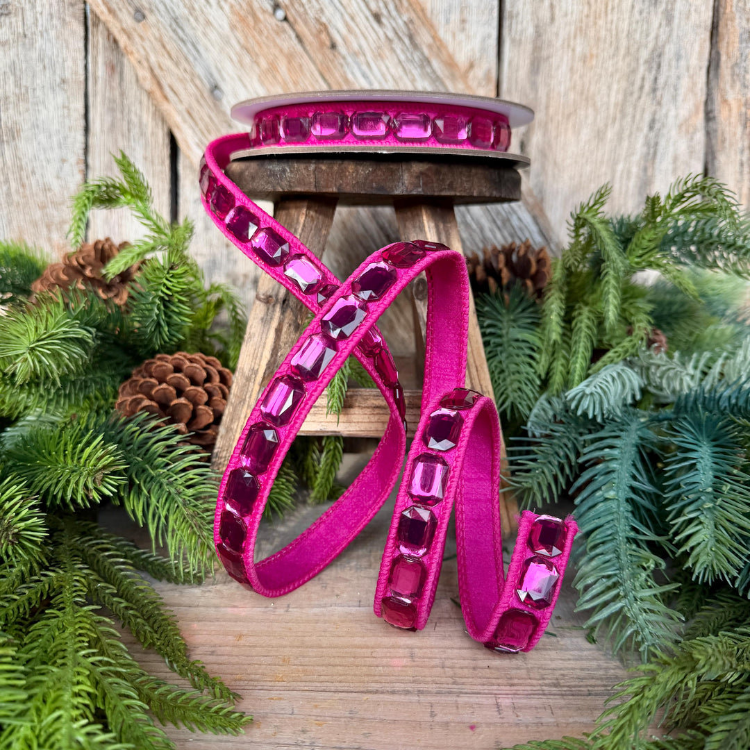 1" Hot Pink Emerald Cut Ribbon, Christmas Ribbon, Jeweled Ribbon