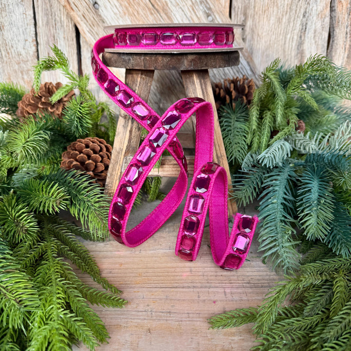 1" Hot Pink Emerald Cut Ribbon, Christmas Ribbon, Jeweled Ribbon, Farrisilk Ribbon, RJ017-15