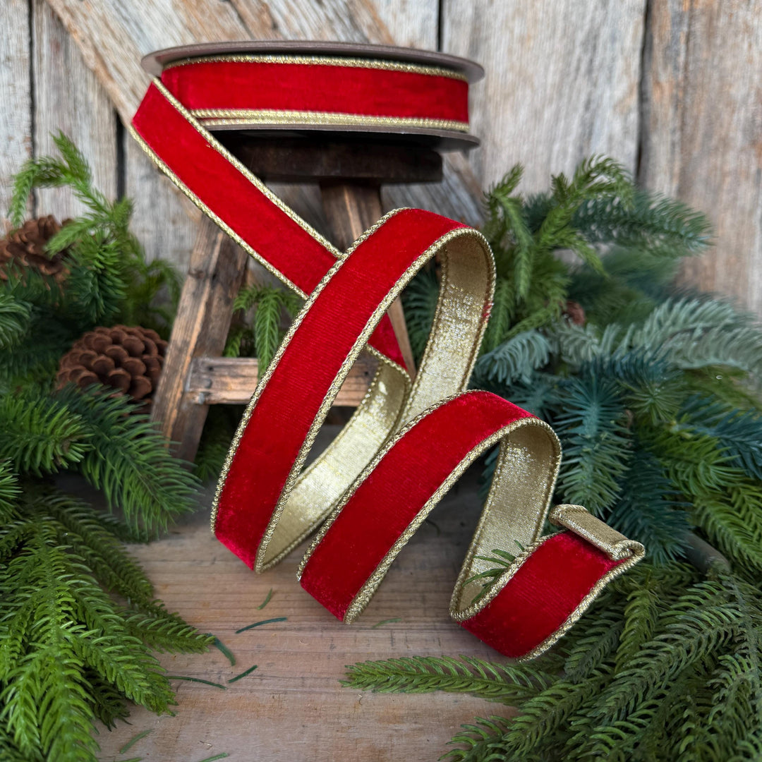 1" Red Flashy Velvet Ribbon, Red Gold Velvet Ribbon