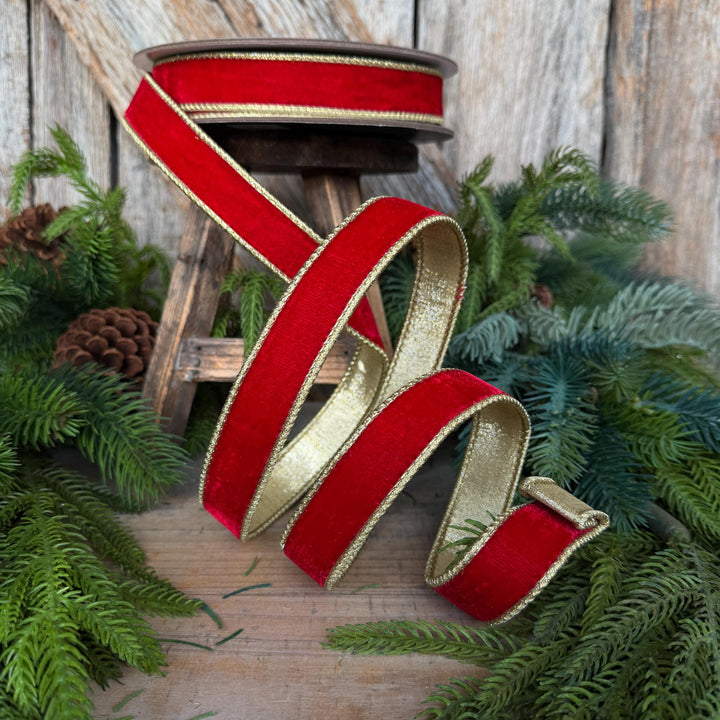 1" Red Flashy Velvet Ribbon, Red Gold Velvet Ribbon