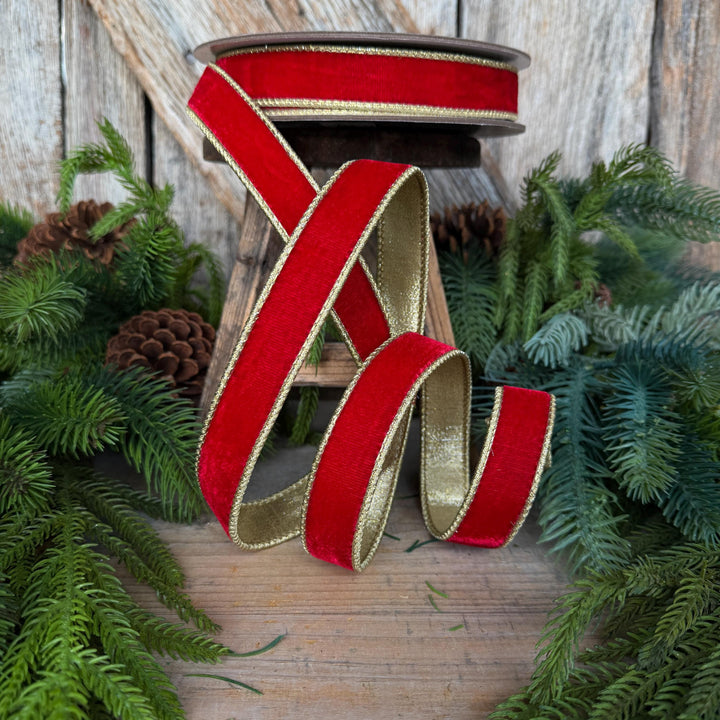 1" Red Flashy Velvet Ribbon, Red Gold Velvet Ribbon, Farrisilk Ribbon, Christmas Ribbon, RG063-02