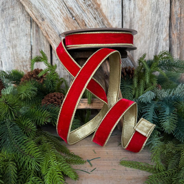 1" Red Flashy Velvet Ribbon, Red Gold Velvet Ribbon, Farrisilk Ribbon, Christmas Ribbon, RG063-02