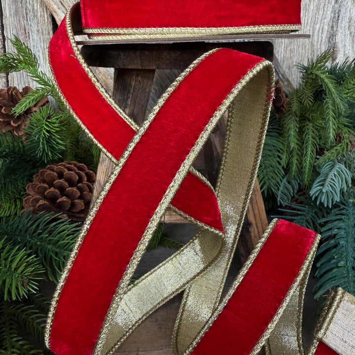 1" Red Flashy Velvet Ribbon, Red Gold Velvet Ribbon, Farrisilk Ribbon, Christmas Ribbon, RG063-02