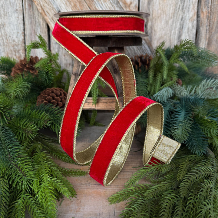 1" Red Flashy Velvet Ribbon, Red Gold Velvet Ribbon
