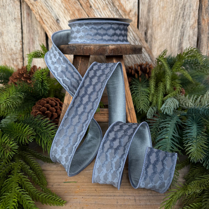 1.5" Steel Blue Velvet Ribbon, Farrisilk Ribbon, Christmas Ribbon, Geometric Pattern Ribbon, RS305-17