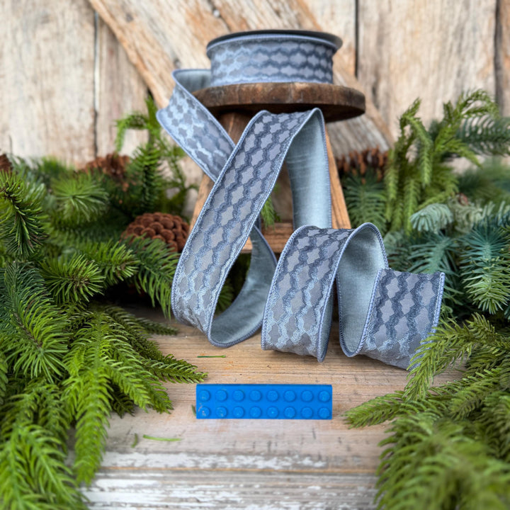 1.5" Steel Blue Velvet Ribbon, Farrisilk Ribbon, Christmas Ribbon, Geometric Pattern Ribbon, RS305-17
