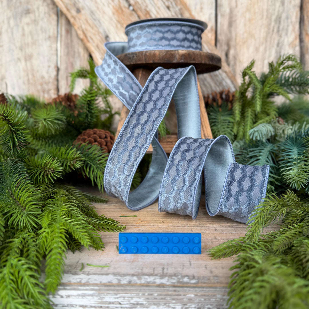 1.5" Steel Blue Velvet Ribbon, Farrisilk Ribbon, Christmas Ribbon, Geometric Pattern Ribbon, RS305-17