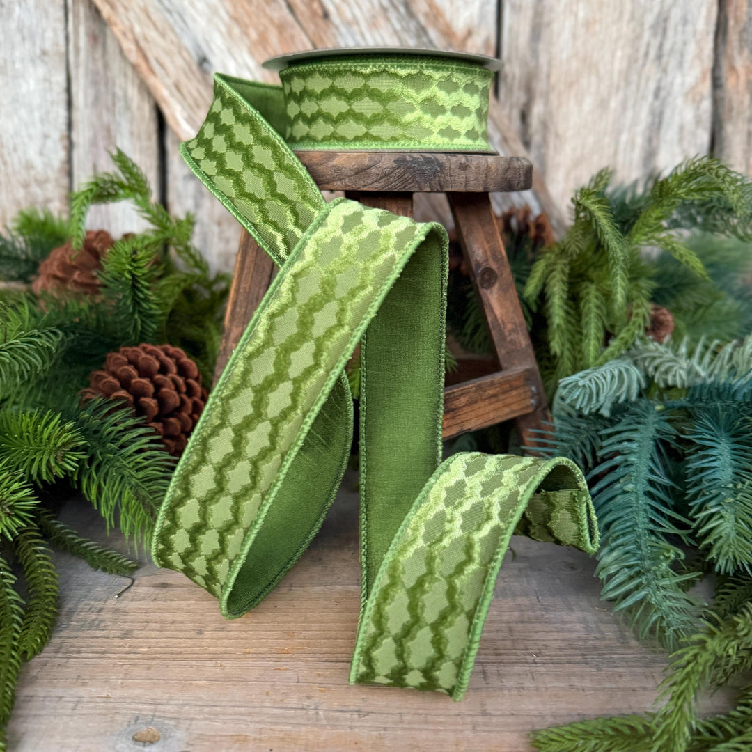 1.5" Forest Green Velvet Ribbon, Farrisilk Ribbon, Christmas Ribbon, Geometric Pattern Ribbon, RS305-45