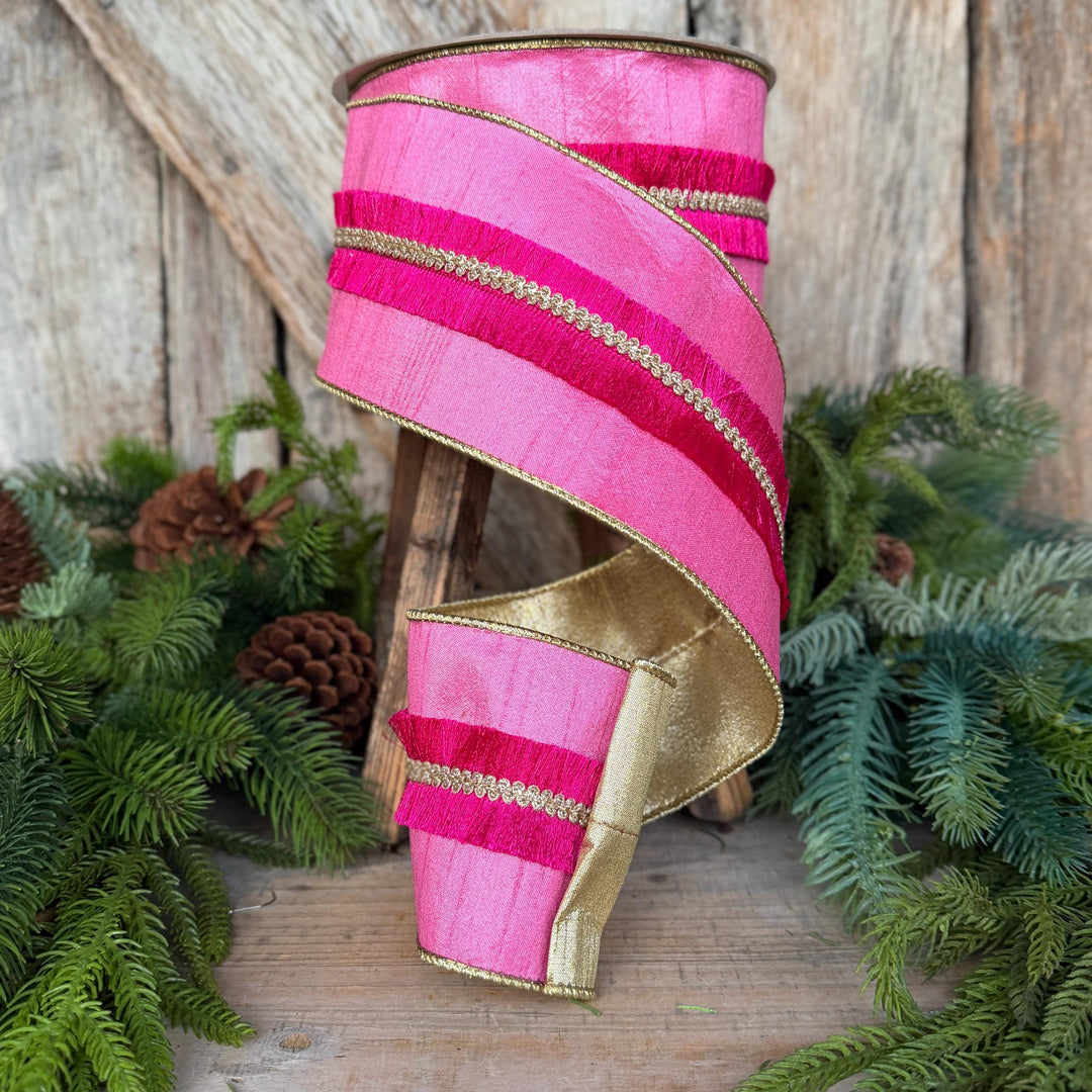 4" Pink Fringe Ribbon, Farrisilk Ribbon, Christmas Ribbon