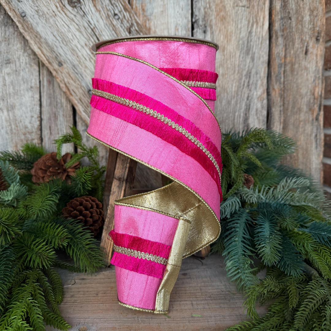 4" Pink Fringe Ribbon, Farrisilk Ribbon, Christmas Ribbon, Velvety Fringe Ribbon, RK920-74