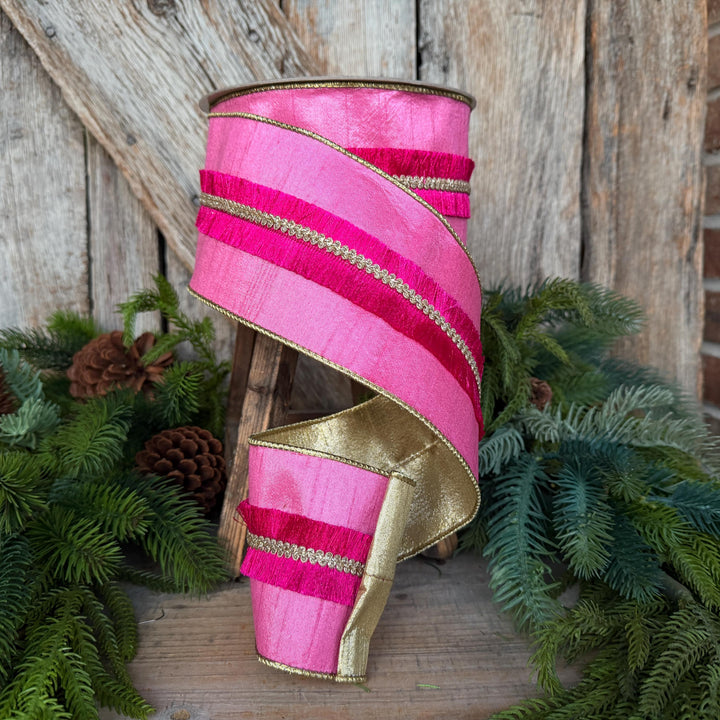 4" Pink Fringe Ribbon, Farrisilk Ribbon, Christmas Ribbon, Velvety Fringe Ribbon, RK920-74