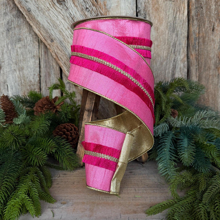 4" Pink Fringe Ribbon, Farrisilk Ribbon, Christmas Ribbon, Velvety Fringe Ribbon, RK920-74