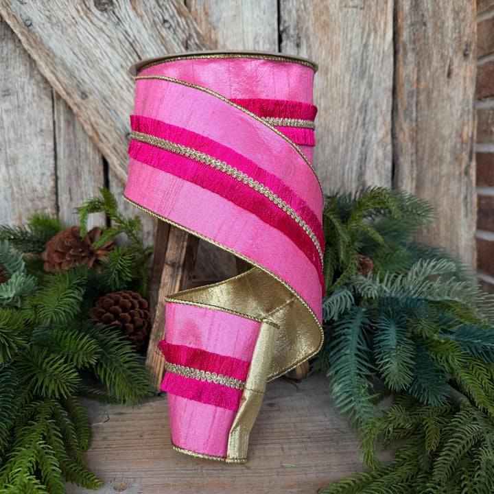 4" Pink Fringe Ribbon, Farrisilk Ribbon, Christmas Ribbon, Velvety Fringe Ribbon, RK920-74