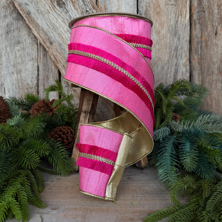 4" Pink Fringe Ribbon, Farrisilk Ribbon, Christmas Ribbon, Velvety Fringe Ribbon, RK920-74